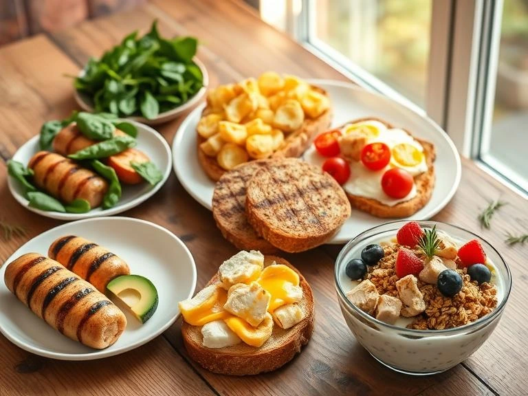 A vibrant breakfast spread featuring various protein-packed chicken dishes, including grilled chicken sausages, scrambled eggs with diced chicken, avocado toast topped with chicken slices, and a side of fresh fruit, all arranged on a rustic wooden table.