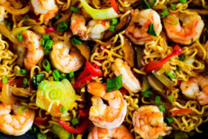 Shrimp Lo Mein and Shrimp Chow Mein served in bowls.