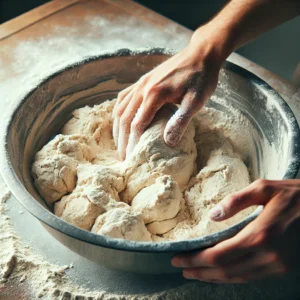 A close-up of mixing dumpling dough to the right consistency.