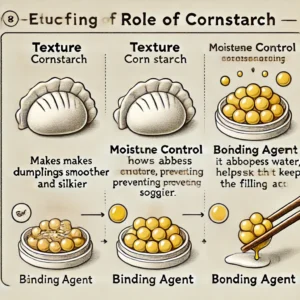 A diagram explaining how cornstarch affects texture, moisture, and binding in dumplings.