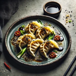 A plate of beautifully plated dumplings – Highlight creative toppings like sesame seeds or scallions.