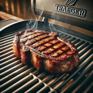 A high-resolution photo of a ribeye steak on a Traeger grill with visible grill marks and smoke.