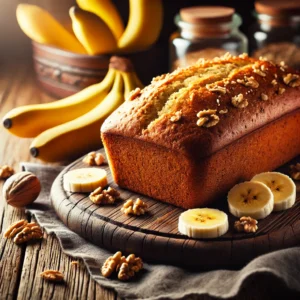 Freshly baked banana bread on a wooden board.