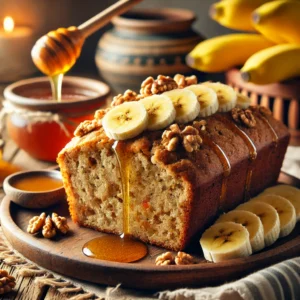 Healthy banana bread served with honey.