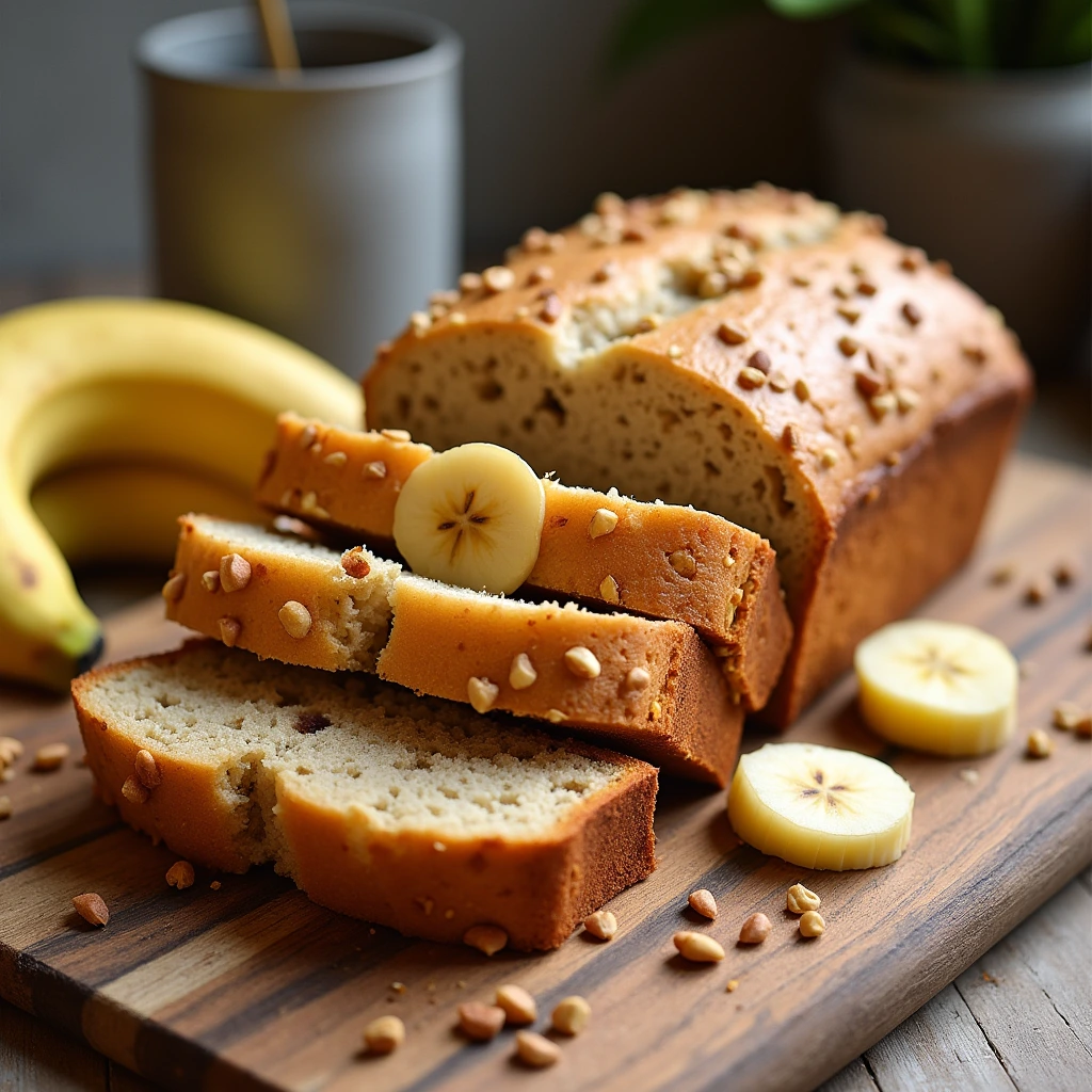 Delicious slice of homemade banana bread with a steaming cup of coffee on a wooden table, surrounded by ripe bananas and walnuts, symbolizing a healthy snack option when made with whole grains and natural sweeteners.