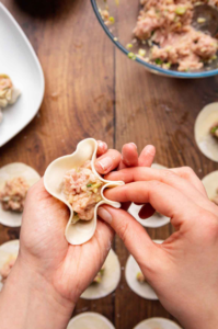 A bowl of ground pork, mushrooms, and seasonings for dumpling filling.