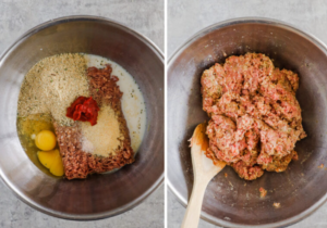 Preparing traditional meatloaf ingredients in a mixing bowl.