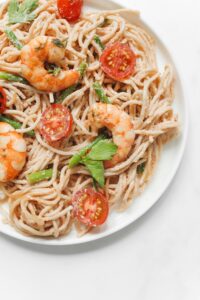 Homemade Shrimp Lo Mein with noodles and vegetables.