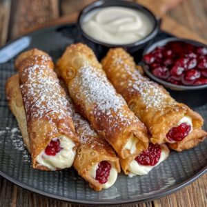 Golden, crispy air fryer cherry cheesecake rolls with powdered sugar topping