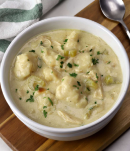 Tender chicken in creamy broth with dumplings.